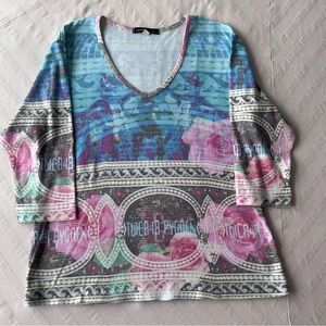 Boho Floral V-Neck Tunic Top - Pink & Blue